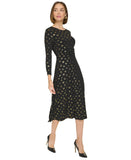 Tommy Hilfiger Printed Long Sleeve Ruched Waist Fit Flare Dress Black / Gold 8