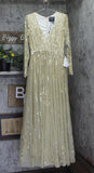 Mac Duggal Sequined V-Neck Illusion Sleeve A-Line Gown Dress Taupe Gold 10