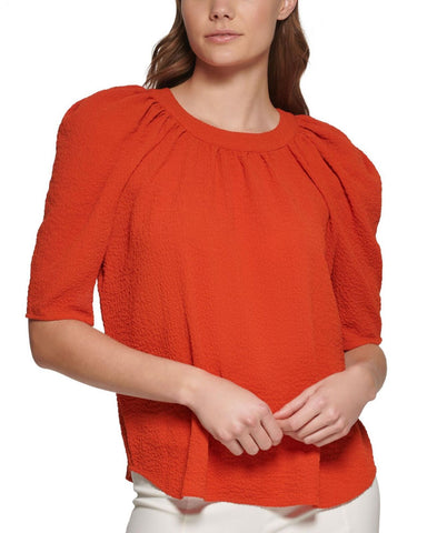 Calvin Klein Women's Textured Puff Shoulder Blouse M2DA1517 Clay Orange XS