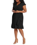 London Times Womens Plus Size Cascade Ruffle Faux-Wrap Dress T6702W Black 24W