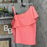 Colleen Lopez Womens Knit Ruffle One Shoulder Blouse Shirt Top Coral Pink XL