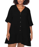 Raisins Curve Textured Cotton Button-Front Cover-Up Tunic N840090 Black 1X