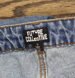 Future Collective Womens Mid-Rise Studded Barrel Leg Jeans Blue Denim 18