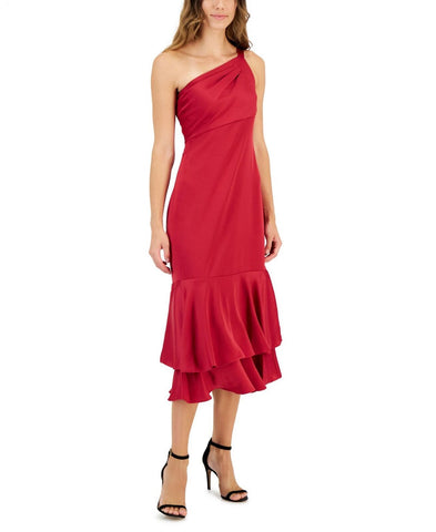 Taylor Women's Ruffled One-Shoulder Midi Dress 2954M Burgundy Red 16