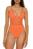 Becca Modern Edge Ribbed Cut-Out One Piece Swimsuit 541357 Coral Rose Orange L