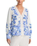 Aqua Womens Button Up Crochet Trim Placed Floral Blouse IBO26966 Blue Multi S