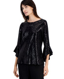 Kasper Womens Shine Sequin Ruffle Sleeve Top Blouse 10915717 Black S