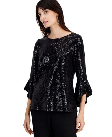 Kasper Womens Shine Sequin Ruffle Sleeve Top Blouse 10915717 Black S