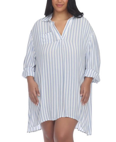 Raviya Womens Plus Size Striped Tunic Shirt Swim Cover-Up Blue / White 1X