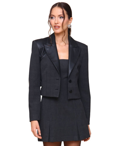 Avec Les Filles Elbow Pad Plaid Buckle Cropped Blazer Jacket Charcoal Black 14