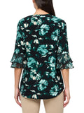 Kasper Print Split-Neck Flutter Bell-Sleeve Blouse Top Evergreen Green Multi M