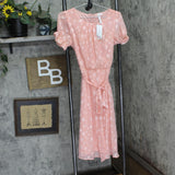 Ny Collection Petite Short Sleeve Belted Swiss Dot Dress Rose Circle Pink PM