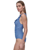 DKNY Womens Ruffle Plunge Underwire Tummy Control One-Piece Swimsuit Blue Bell S