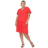 White Mark Short Sleeve V-Neck Tiered Ruffle Hem Knit Dress PS3880-04/3X Red 3X