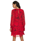 Calvin Klein Floral Chiffon Sheer Sleeve Jewel Neck Shift Dress Red / Black 6