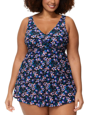 Raisins Plus Size Lucia V-Neck Swimdress One Piece Swimsuit Black Multi 24W
