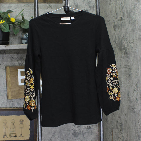 Belle By Kim Gravel Micro Waffle Lantern Sleeve Embroidered Shirt Top Black 2XS