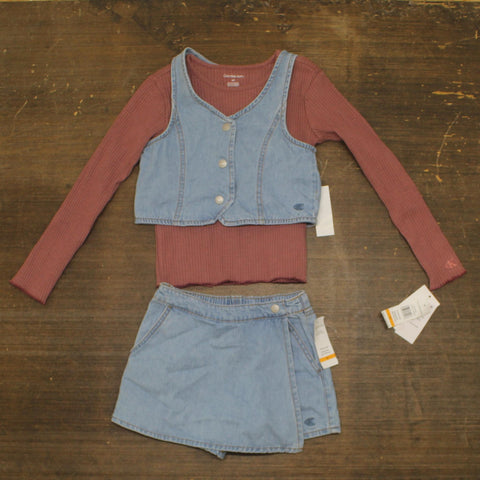 Calvin Klein Jeans Long Sleeve Top, Faux Skirt and Vest Set Brown / Blue 6X