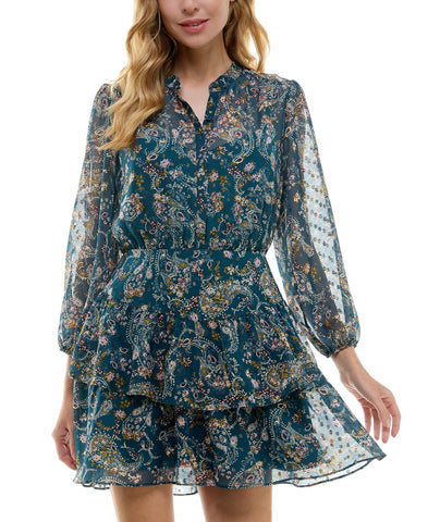 City Studios Juniors Tiered Chiffon Fit & Flare Dress Teal Blue / Rust XL