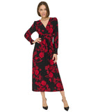 Tommy Hilfiger Surplice-Neck Long Sleeve Smocked Midi Dress Black / Scarlet 8
