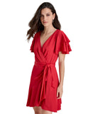 DKNY Petite Satin Flutter Tiered Sleeve V Neck Fit Flare Dress XD4ITB82 Red 8P