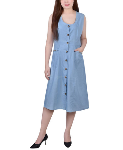 Ny Collection Sleeveless Chambray Dress with Chain Details Light Denim Blue M