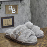 Izod Womens Faux Fur Slide Buckle Slippers Gray M (7-8)