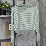 Universal Thread Collared V-Notch Striped Side-Slit Pullover Sweater Green S