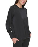 DKNY Womens Petite Ribbed-Trim Matte Satin Shirt Top XH3TT124
