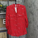 Ny Collection Roll Tab Sleeve Button Down Metallic Foil Blouse Top Glowdot Red L