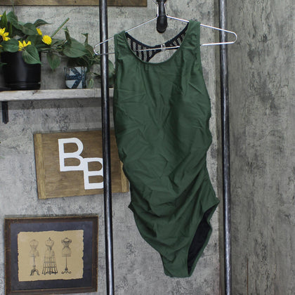 Cupshe High Neck Cutout Back Hook Mesh One-Piece Swimsuit Green / Black L