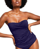 Anne Cole Womens Solid Twist Front Shirred Bandeau Tankini Swim Top Navy Blue S