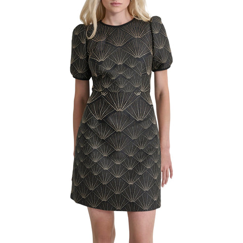 DKNY Womens Short Sleeve Jewel Neck Mini Fit and Flare Dress Black / Gold 10