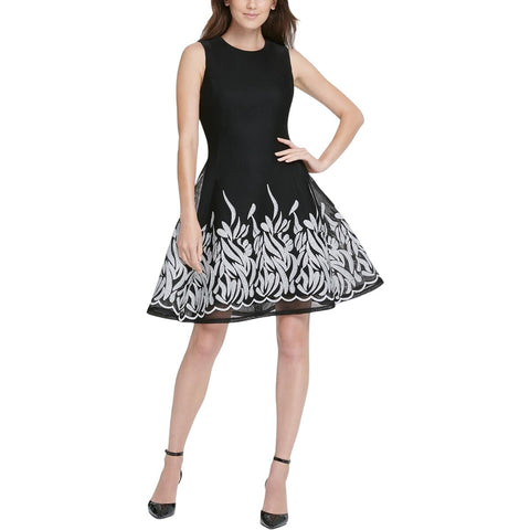 DKNY Womens Embroidered Mesh Sleeveless Fit Flare A-line Dress Black / Ivory 2