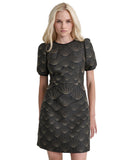 DKNY Womens Short Sleeve Jewel Neck Mini Fit and Flare Dress Black/Gold 12