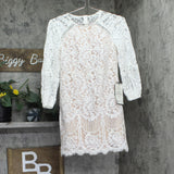 Vince Camuto Petite Jewel-Neck Lace Shift Dress Ivory Off White / Beige Brown 2P