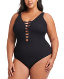 Bleu By Rod Beattie Lace-Up Plunge One Piece Swimsuit RBPU25221X Black 22W
