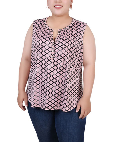 Ny Collection Plus Size Sleeveless Knit Y neck Top Quatrefoil Pink Multi 1X