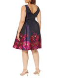 Adrianna Papell Pockets Pleated Floral Jacquard Dress Navy Blue / Pink Multi 6