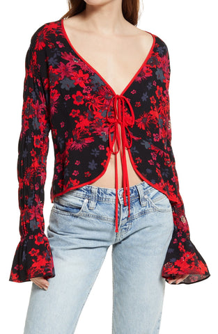 Free People Womens Venice Floral Tie Front Top OB1434186 Night Combo Red Black L