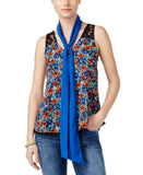 Belle Du Jour Floral Printed Lace Hem Tank Top Blouse With Scarf Blue / Multi M