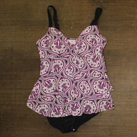 Swim Solutions Tiered Fauxkini One-Piece Swimsuit Magenta Purple Multi 16