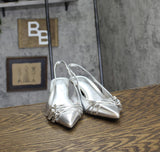 INC International Concepts Slingback Pumps Kitten Heels Silver Crinkle Gray 9.5M