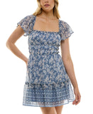 Trixxi Juniors Floral-Print Flutter-Sleeve Dress 26EF76VJII Blue Multi M