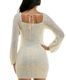 Emerald Sundae Sequin Blouson-Sleeve Bodycon Mini Dress Cream Off White M