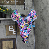 Swim Solutions Neck Garden Dreams Flutter One-Piece Swimsuit Navy Blue Multi 12