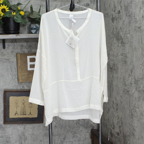 Wynne Layers Womens Shear Mixed Media Mandarin Pullover Shirt Cream Off White 1X
