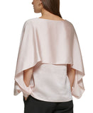DKNY Womens Petite Solid Crewneck Smocked-Cuff Cape Blouse Champagne Pink PM