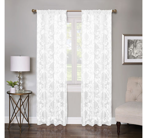 Regal Home Lombardi Floral Rod Pocket Sheer Single Curtain Panel White 50x84