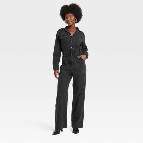 Universal Thread Womens Long Sleeve Utility Baggy Denim Jumpsuit Black 14